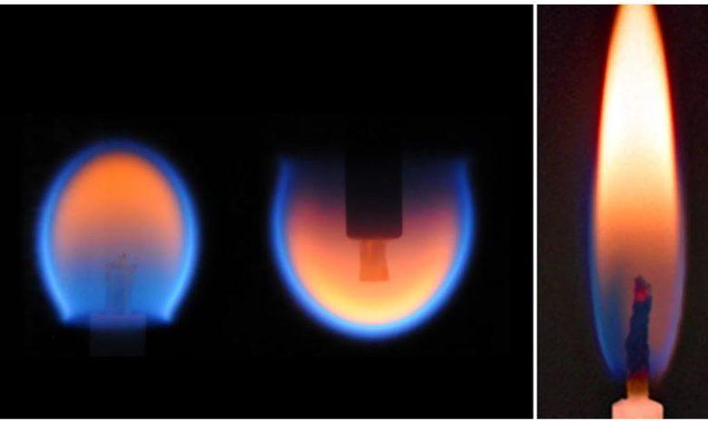 太空中產生的球形火焰（左圖）和地球上燃燒的蠟燭火焰（右圖）。（圖／NASA）