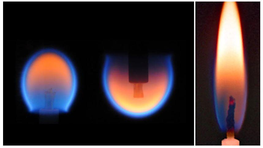 太空中產生的球形火焰（左圖）和地球上燃燒的蠟燭火焰（右圖）。（圖／NASA）