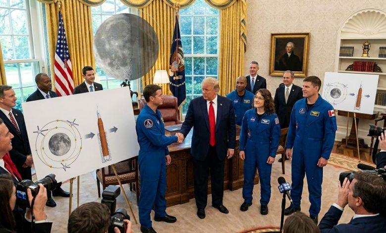 川普近日在白宮橢圓辦公室接見NASA「Artemis II」任務太空人團隊。（圖／AI生成）