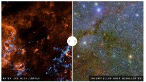 左圖為標示為「水冰分佈圖」。亮藍色區域顯示了星際冰中水分子的分佈，這些冰是形成行星與生命的重要成分。右圖標示為「星際塵埃分佈圖」。顯示相同區域的塵埃雲，科學家發現星際冰會依附在這些塵埃表面，受其保護而免於消散。（圖／取自NASA）