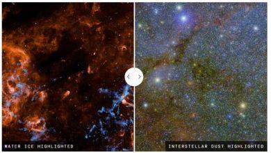 左圖為標示為「水冰分佈圖」。亮藍色區域顯示了星際冰中水分子的分佈，這些冰是形成行星與生命的重要成分。右圖標示為「星際塵埃分佈圖」。顯示相同區域的塵埃雲，科學家發現星際冰會依附在這些塵埃表面，受其保護而免於消散。（圖／取自NASA）