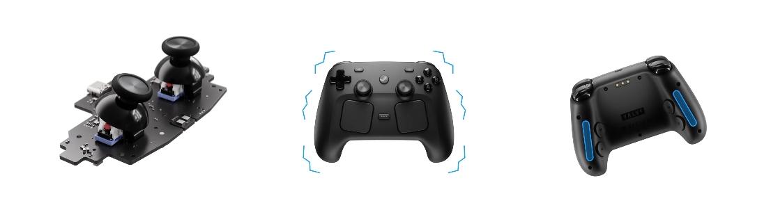 Steam Controller 具備利用 TMR 技術的磁性搖桿，為改善手感、靈敏度和長期可靠性而精心設計。 而且還支援電容式觸控，可啟用運動控制。（圖／取自steampowered官網）
