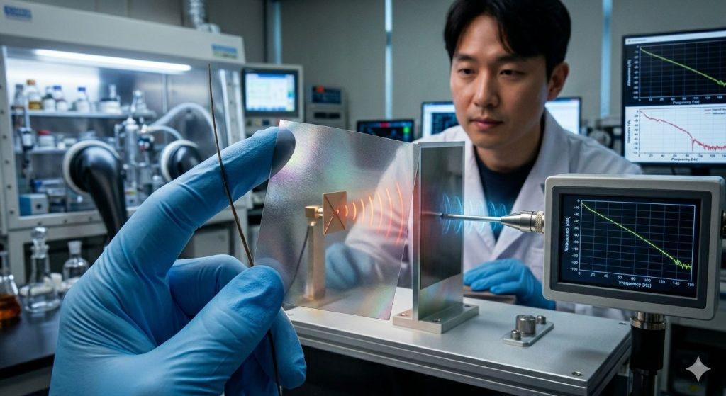 KIST研究團隊近日發表一項新型奈米複合材料，成功開發出一種厚度低於人類頭髮的超薄彈性薄膜，可同時實現電磁波屏蔽與高能輻射防護功能。（圖／AI生成）