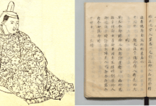 （左）江戶時代的藤原定家肖像插畫。（右）江戶時代手抄本《明月記》抄本，內容為藤原定家的日記。圖中頁面右側提及「北方天空出現紅光」的紀錄。（圖／OIST）