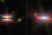 兩張原行星盤影像並排展示。左圖中，一條黑色水平帶遮住了恆星，上下方延伸出寬廣、彩色的錐形塵埃流，並有一條細窄的噴流從恆星正上方與正下方射出。右圖中，恆星位於一個黃色塵埃盤內，盤上方與下方漂浮的塵埃形成紫色光暈。兩張影像的背景為黑色，周圍可見多個星系或恆星。（圖／ESA）