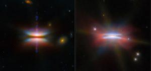 兩張原行星盤影像並排展示。左圖中，一條黑色水平帶遮住了恆星，上下方延伸出寬廣、彩色的錐形塵埃流，並有一條細窄的噴流從恆星正上方與正下方射出。右圖中，恆星位於一個黃色塵埃盤內，盤上方與下方漂浮的塵埃形成紫色光暈。兩張影像的背景為黑色，周圍可見多個星系或恆星。（圖／ESA）