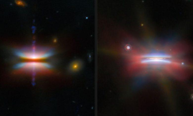 兩張原行星盤影像並排展示。左圖中，一條黑色水平帶遮住了恆星，上下方延伸出寬廣、彩色的錐形塵埃流，並有一條細窄的噴流從恆星正上方與正下方射出。右圖中，恆星位於一個黃色塵埃盤內，盤上方與下方漂浮的塵埃形成紫色光暈。兩張影像的背景為黑色，周圍可見多個星系或恆星。（圖／ESA）