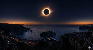 今年8月一場橫跨北極、格陵蘭、冰島到西班牙的日全食即將登場。（圖／AI生成）