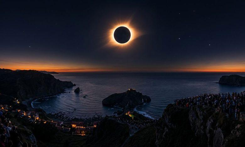 今年8月一場橫跨北極、格陵蘭、冰島到西班牙的日全食即將登場。（圖／AI生成）