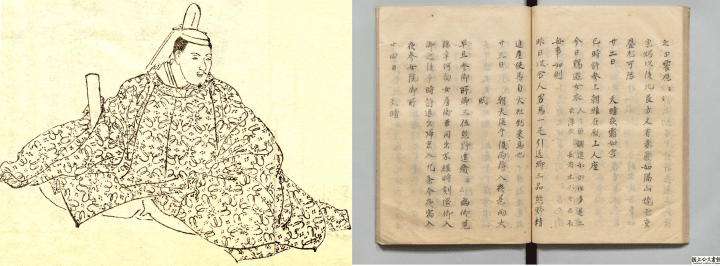 （左）江戶時代的藤原定家肖像插畫。（右）江戶時代手抄本《明月記》抄本，內容為藤原定家的日記。圖中頁面右側提及「北方天空出現紅光」的紀錄。（圖／OIST）