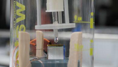 2.臺科大團隊以鎳、鎢與鎳Ni W Ni組成的金屬奈米管為核心，當水滴在奈米管表面滾動時，