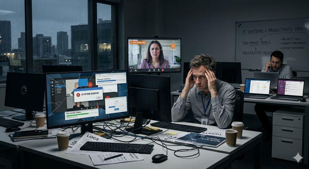 支撐遠距與混合工作的數位工具，正逐漸從「效率助力」轉變為「工作阻力」。（圖／AI生成）