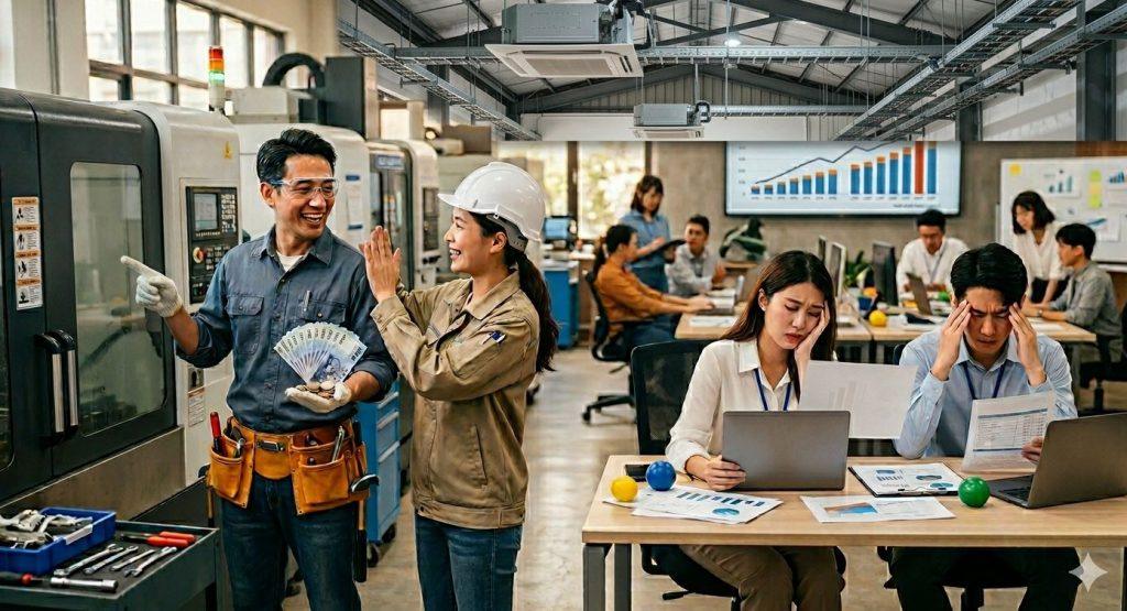 近年全球勞動市場出現明顯變化，藍領工作的薪資成長速度，已經開始追上甚至超過部分入門級白領職位。（圖／AI生成）