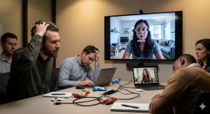 近四分之三的員工在混合會議中遇到技術麻煩，平均每場會議都浪費好幾分鐘。（圖／AI生成）