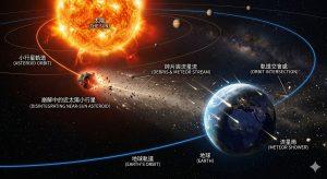 近太陽小行星疑因高溫崩解形成流星流 地球或與其碎片軌道交會 1 一顆長期在太陽附近軌道運行的小行星可能正在逐步瓦解,並釋放碎片形成流星流結構。(圖/AI生成)