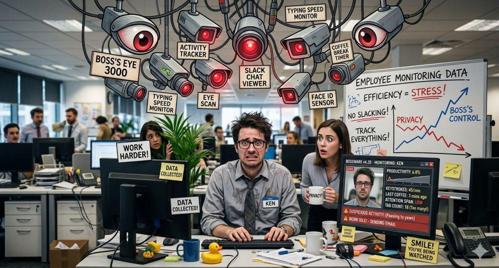 愈來愈多公司使用數位監控工具追蹤員工行為，，讓主管遠端掌握員工工作狀態。（圖／AI生成）