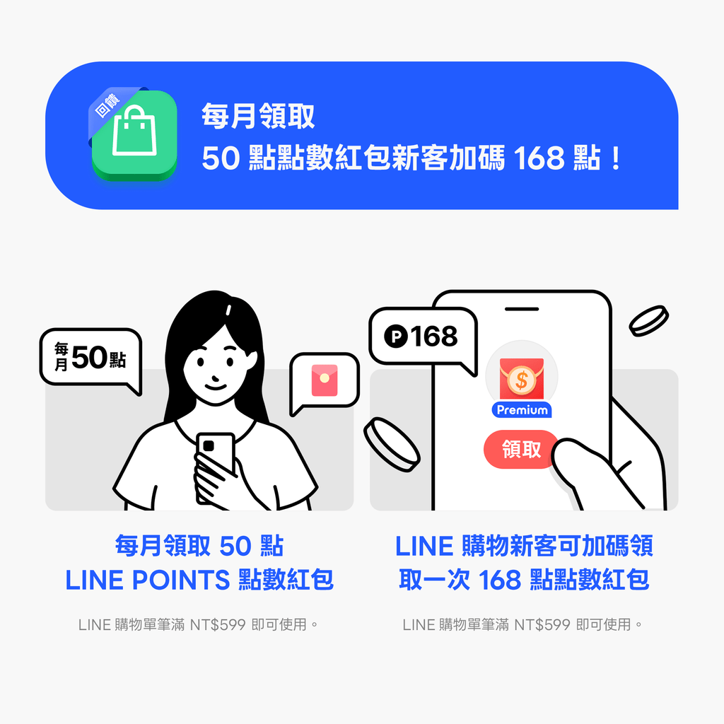 LINE Premium 第二階段開跑!支援每月 3 首自選音樂及 2 款個人檔案更替 5 LINE 購物: 每月提供LINE POINTS 點數紅包50 點,單筆消費滿 599 元可綁定使用。新客加贈點數紅包168 點,單筆滿 599 元可綁定使用。(圖/取自LINE官網)