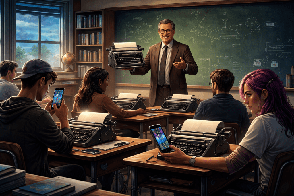 康乃爾大學講師為了應對AI與線上翻譯軟體氾濫，要學生放下筆電，改用打字機撰寫作業。（圖／AI生成）