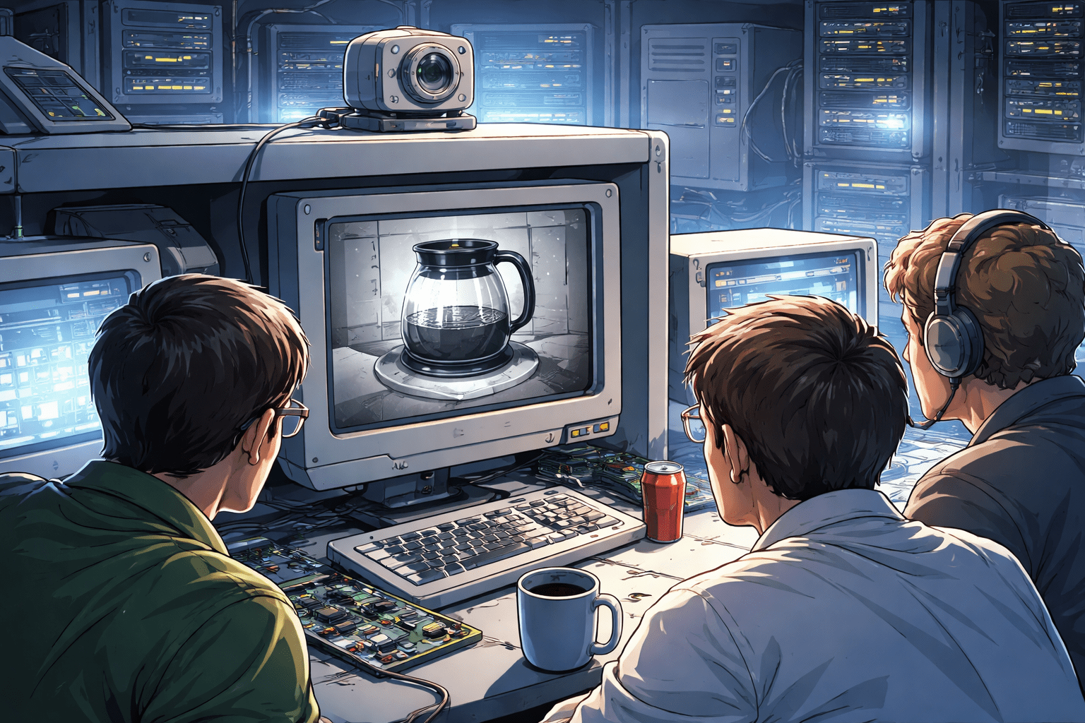 網路攝影機（Webcam）的發明，起源於一群研究人員為了監看咖啡壺。（圖／AI生成）