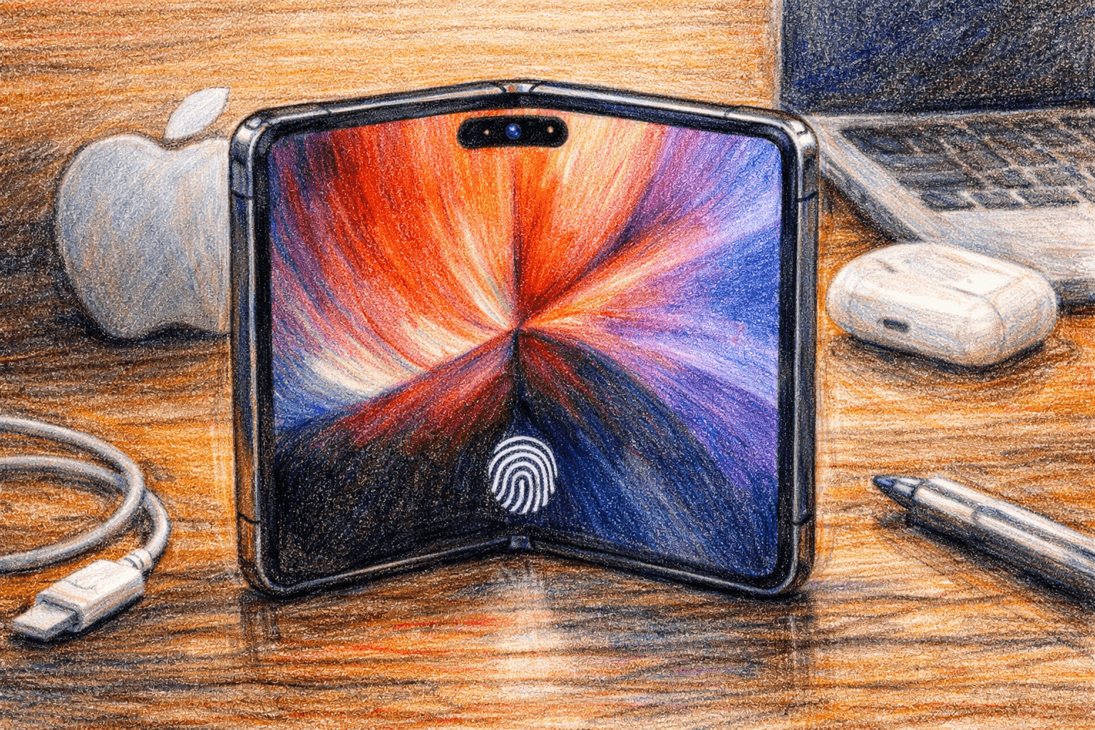 iPhone Fold據傳有些設計是在蘋果產品中首次出現，包含實現打孔螢幕設計、螢幕尺寸和方向及左側無按鈕。（圖／AI生成）