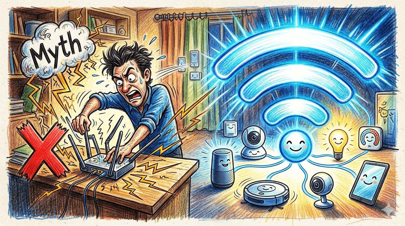 儘管我們比以往任何時候都更依賴 Wi-Fi，但大多數人並不完全了解它的工作原理，這也導致許多早已被證偽的 Wi-Fi 謠言至今仍在流傳。（圖／AI生成）