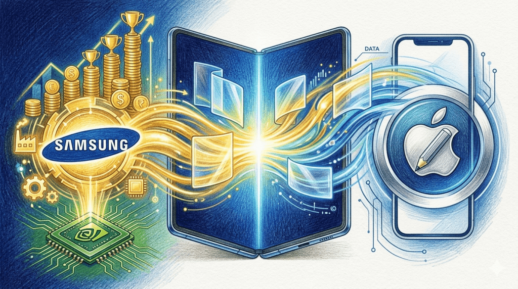 精選 5 三星傳出已和蘋果簽定為期三年的摺疊面板獨家供應合約,三星 2026 年的獲利表現有望超越輝達。(圖/AI生成)