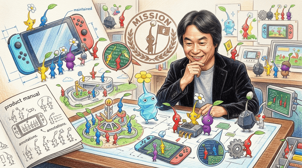 《皮克敏》的創造者宮本茂，也是個眾所皆知的皮克敏愛好者！且曾表示，目標是把皮克敏融入他所能接觸到的所有任天堂產品中。（圖／AI生成）