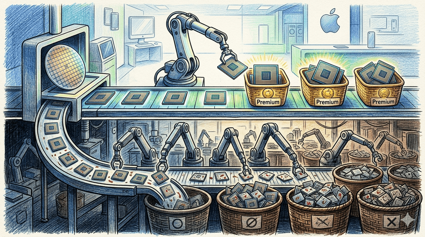 一塊典型的矽晶圓(直徑約30.48公分的圓形扁平晶體)可生產大約 500 顆晶片，但其中很大一部分會存在缺陷面臨淘汰，每塊晶圓可能只能得到 200 顆（甚至更少）可用的晶片，可使用的良率越高、成本也就越低。（圖／AI生成）