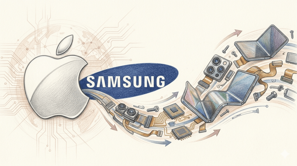 三星的策略正在轉變，將繼續作為蘋果現有及未來產品零件的獨家供應商，而成為蘋果產品零件的獨家供應商是提升利潤的絕佳途徑。（圖／AI生成）