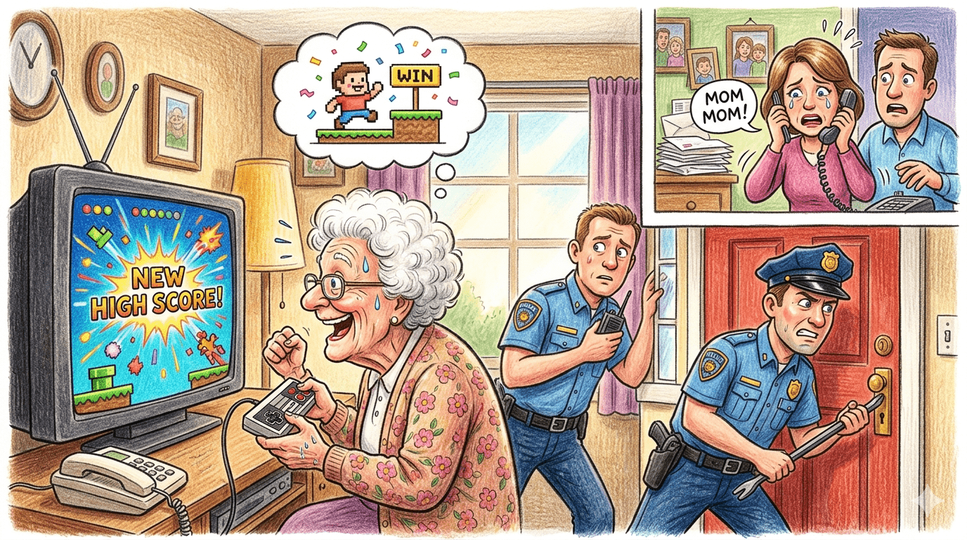 91 歲失聯嬤引警登門!竟是因為「破關遊戲正入迷」無視外界聯繫 1 一位年長的遊戲玩家因失聯,而引發子女與警方的高度重視,但當警員使用門禁密碼進入她的家時,他們發現她一切安好,只是在臥室裡玩一款遊戲,試圖「打破自己的記錄」。 (圖/AI生成)