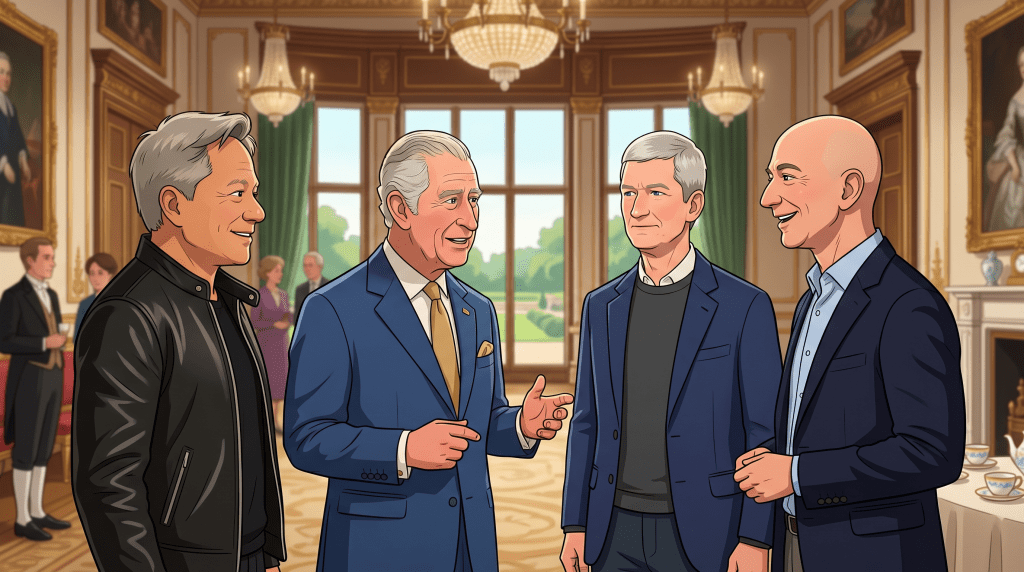 英國國王查爾斯三世（King Charles III）會見了多位美國科技界領袖，包含庫克、黃仁勳、貝佐斯等人。（圖／AI生成）