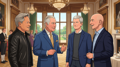 英國國王查爾斯三世（King Charles III）會見了多位美國科技界領袖，包含庫克、黃仁勳、貝佐斯等人。（圖／AI生成）