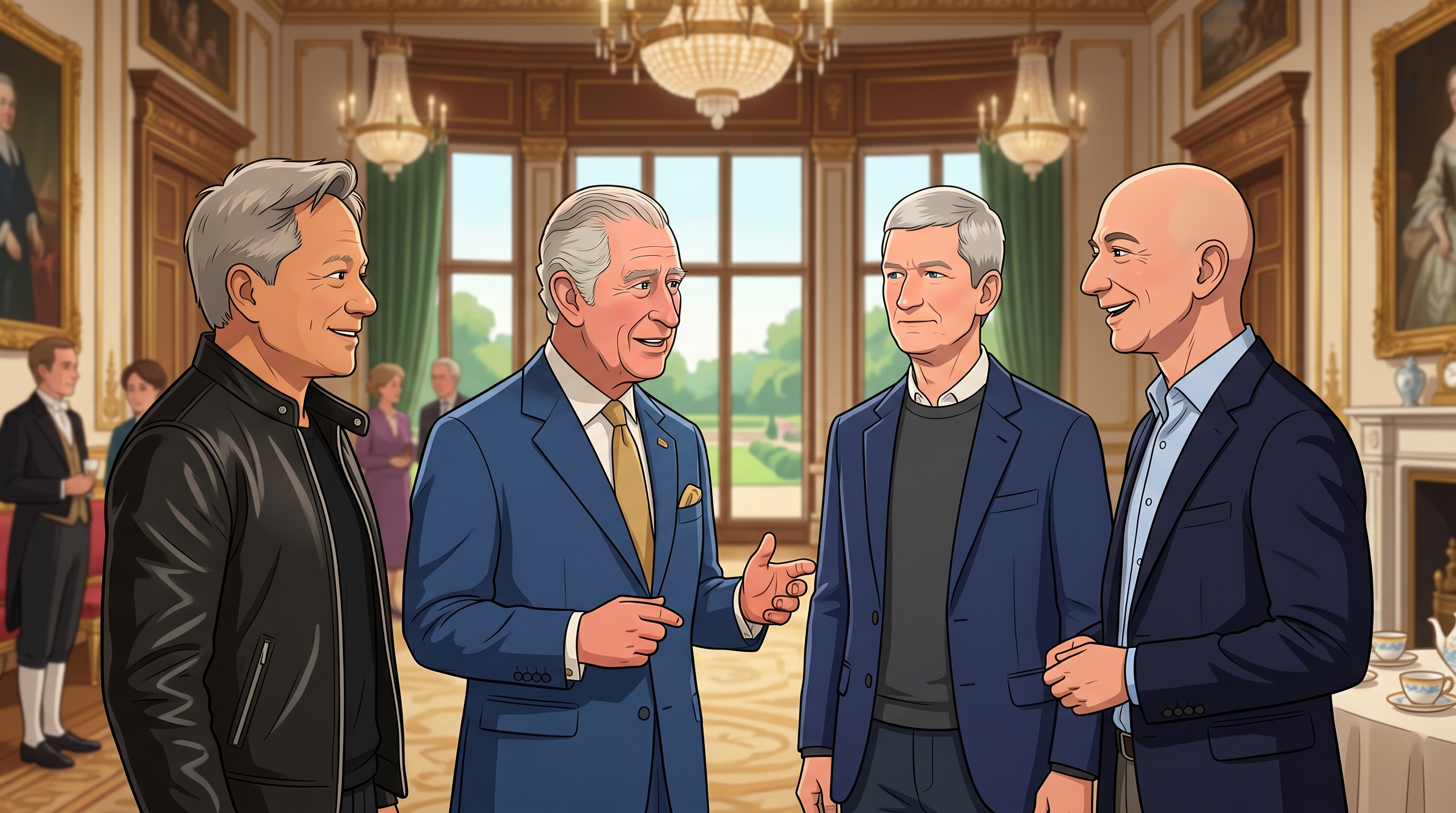 英國國王查爾斯三世（King Charles III）會見了多位美國科技界領袖，包含庫克、黃仁勳、貝佐斯等人。（圖／AI生成）