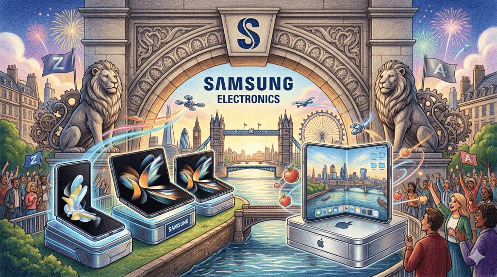 精選 3 最新報導稱,Galaxy Z Flip 8 和 Galaxy Z Fold 8 將在倫敦舉行的 Galaxy Unpacked 發表會上發布。(圖/AI生成)