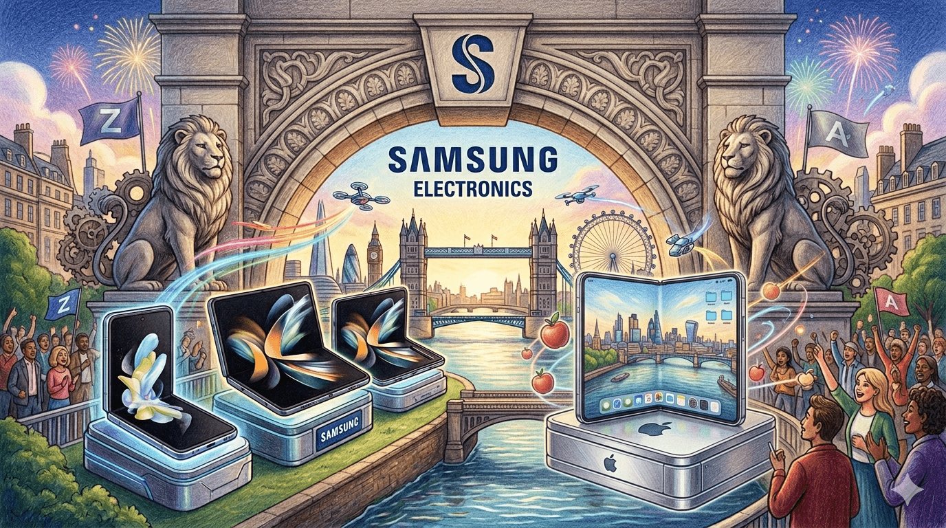 摺疊戰開打!三星 Z 系列三款新機傳將於倫敦亮相 正面迎戰蘋果 1 最新報導稱,Galaxy Z Flip 8 和 Galaxy Z Fold 8 將在倫敦舉行的 Galaxy Unpacked 發表會上發布。(圖/AI生成)