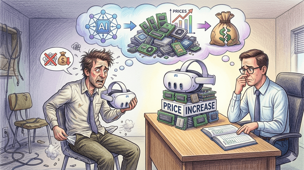 今年1月，Meta宣布計畫在資本支出方面投入1,150億至1,350億美元，較2025年的720億美元及2023年的280億美元大幅成長。其中絕大部分投資將用於人工智慧基礎設施，迫使Meta提高了Quest頭顯的價格。（圖／AI生成）