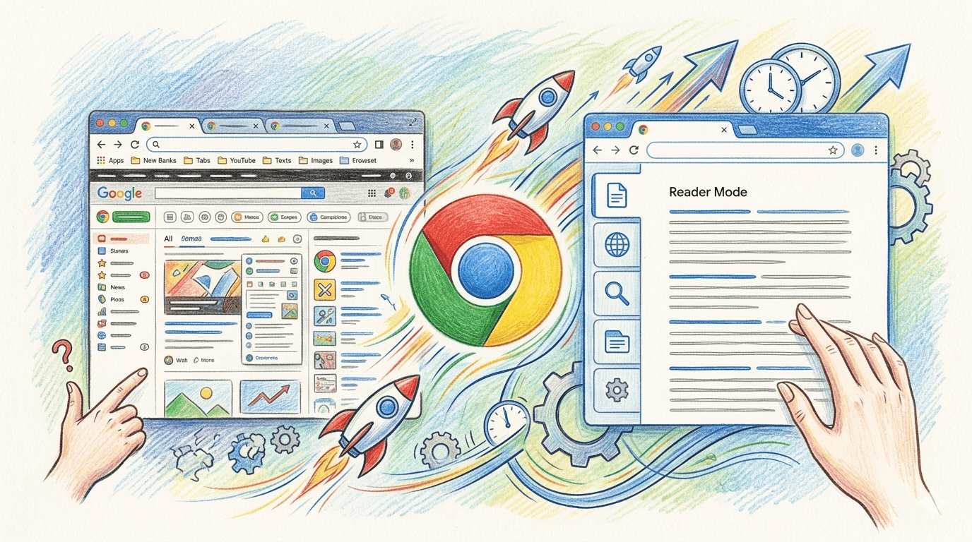 Chrome大改版!垂直分頁與極簡閱讀讓標籤管理更直覺 工作效率翻倍 1 Macworld 報告稱,垂直標籤頁允許用戶將標籤頁沿著視窗側邊堆疊,以便更好地組織和管理。改進後的閱讀模式透過移除廣告和圖片,創造了一個無幹擾的全頁介面,讓使用者專注於內容。(圖/AI生成)