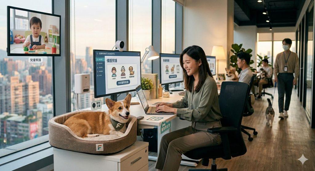 精選 1 美國企業紛紛推出「備援照護(backup care)」福利,不僅涵蓋孩子生病、長輩突發狀況,連毛小孩也納入照護範圍。(圖/AI生成)