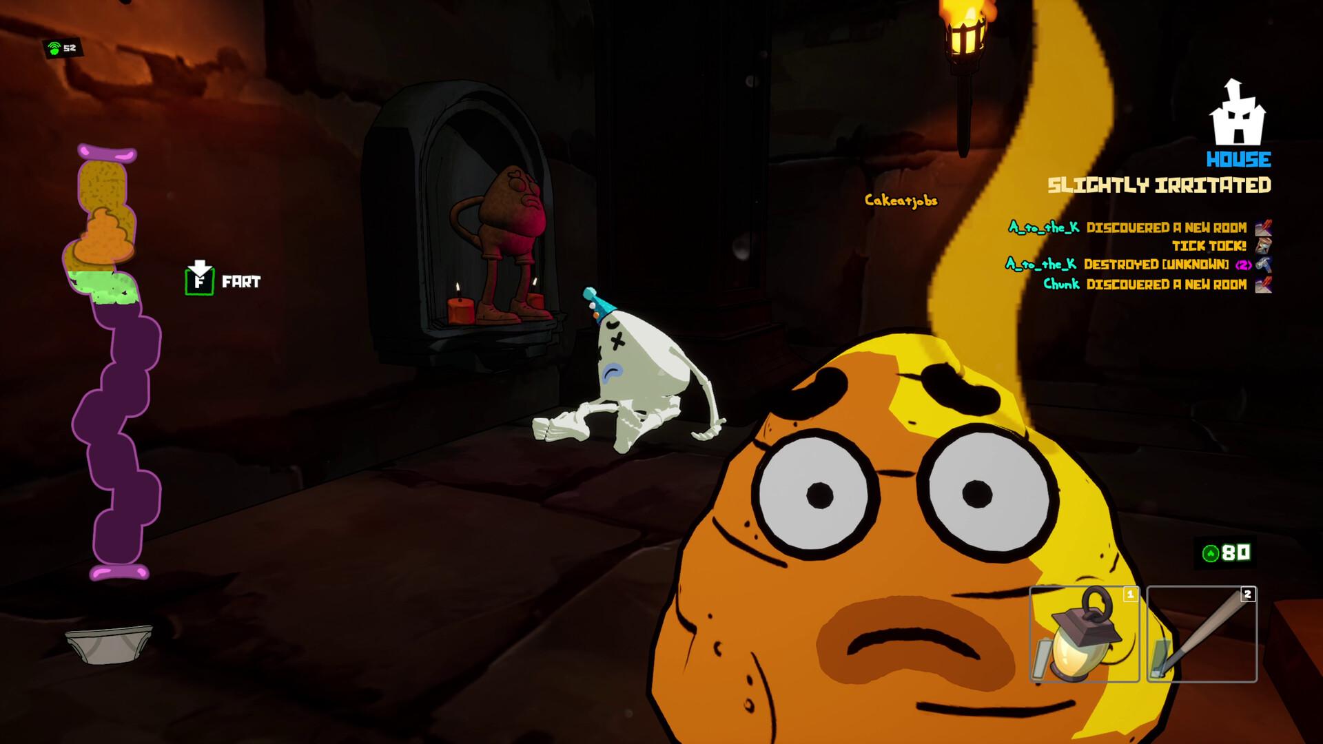 謹慎管理腸道狀態——選擇更健康的食物、放屁減壓，在化作一堆糞便前採取一切措施。衛生紙木乃伊、糞便暴民與各種恐怖生物潛伏暗處，只待讓你嚇得褲子脫落...字面意義上的脫落。（圖／取自Steam）