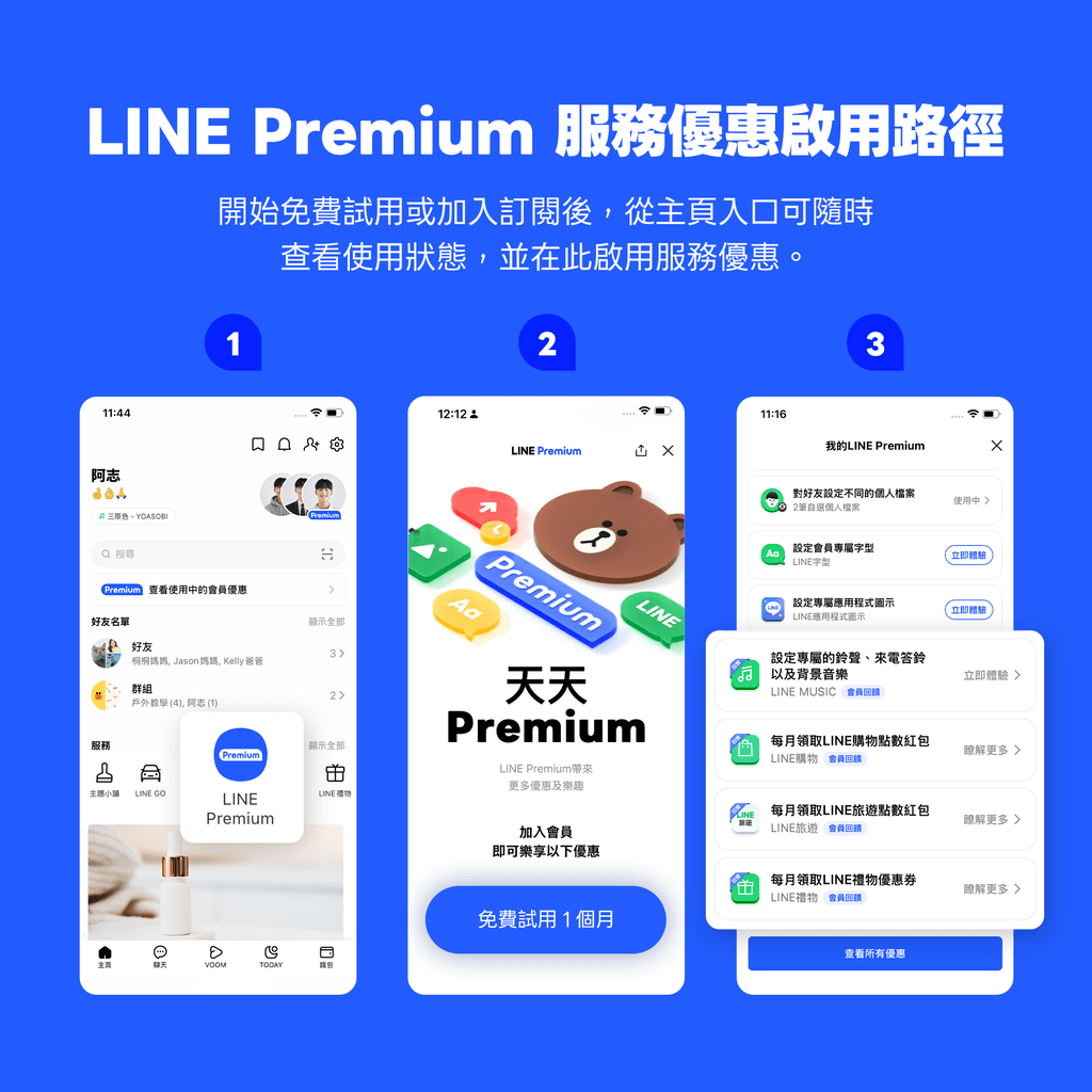 LINE Premium 第二階段開跑!支援每月 3 首自選音樂及 2 款個人檔案更替 6 即日起 LINE 主頁的服務列表中,新增了LINE Premium專屬入口,讓用戶可在此開啟首月免費試用、啟用服務優惠,或隨時查看各項福利使用狀態。(圖/取自LINE官網)