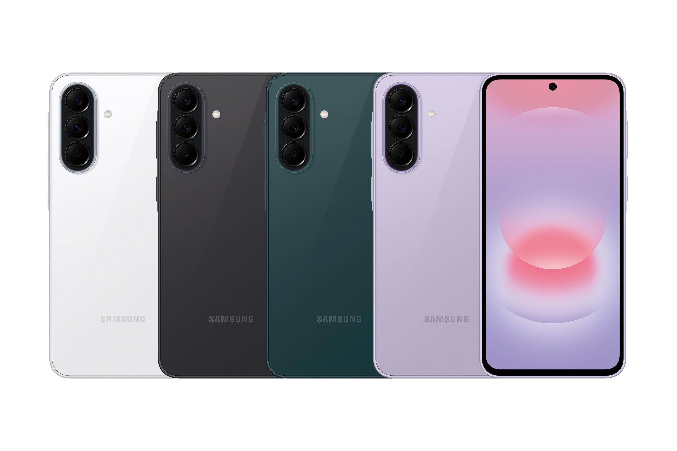 Galaxy A37 5G推出極簡白、潮流灰、水洗綠、甜酷紫 4色選擇 (由左至右)。（圖／三星提供）