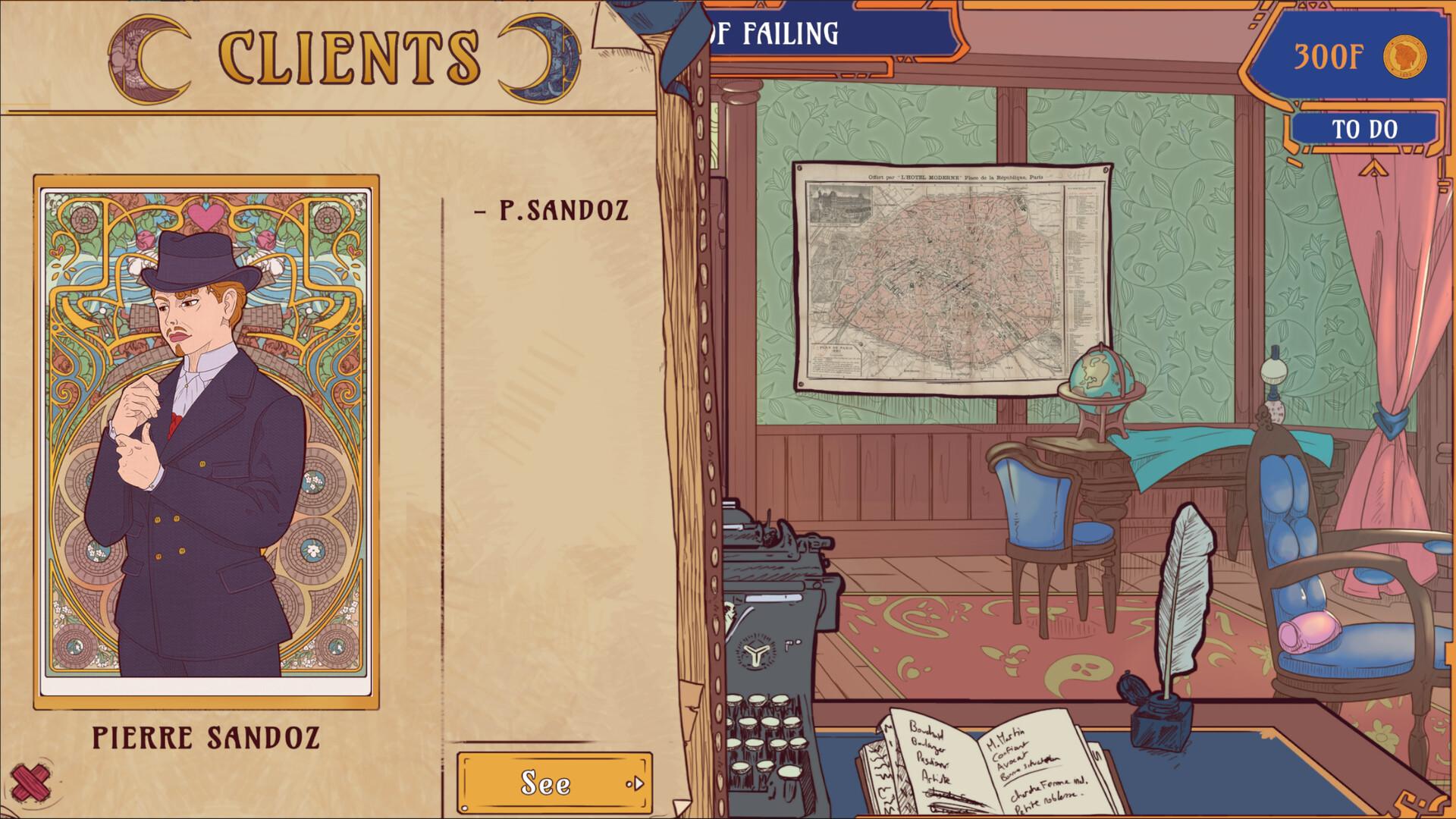 玩家將扮演一名愛情偵探──瑪麗．德．聖馬克（Marie de Saint-Marc）是巴黎一家婚介所的負責人，必須揭開客戶及其潛在伴侶的秘密，以維持事業的運作。每一次會面都是一個小小的謎題，每一次傾訴都可能成為成功婚姻的關鍵。（圖／取自Steam）