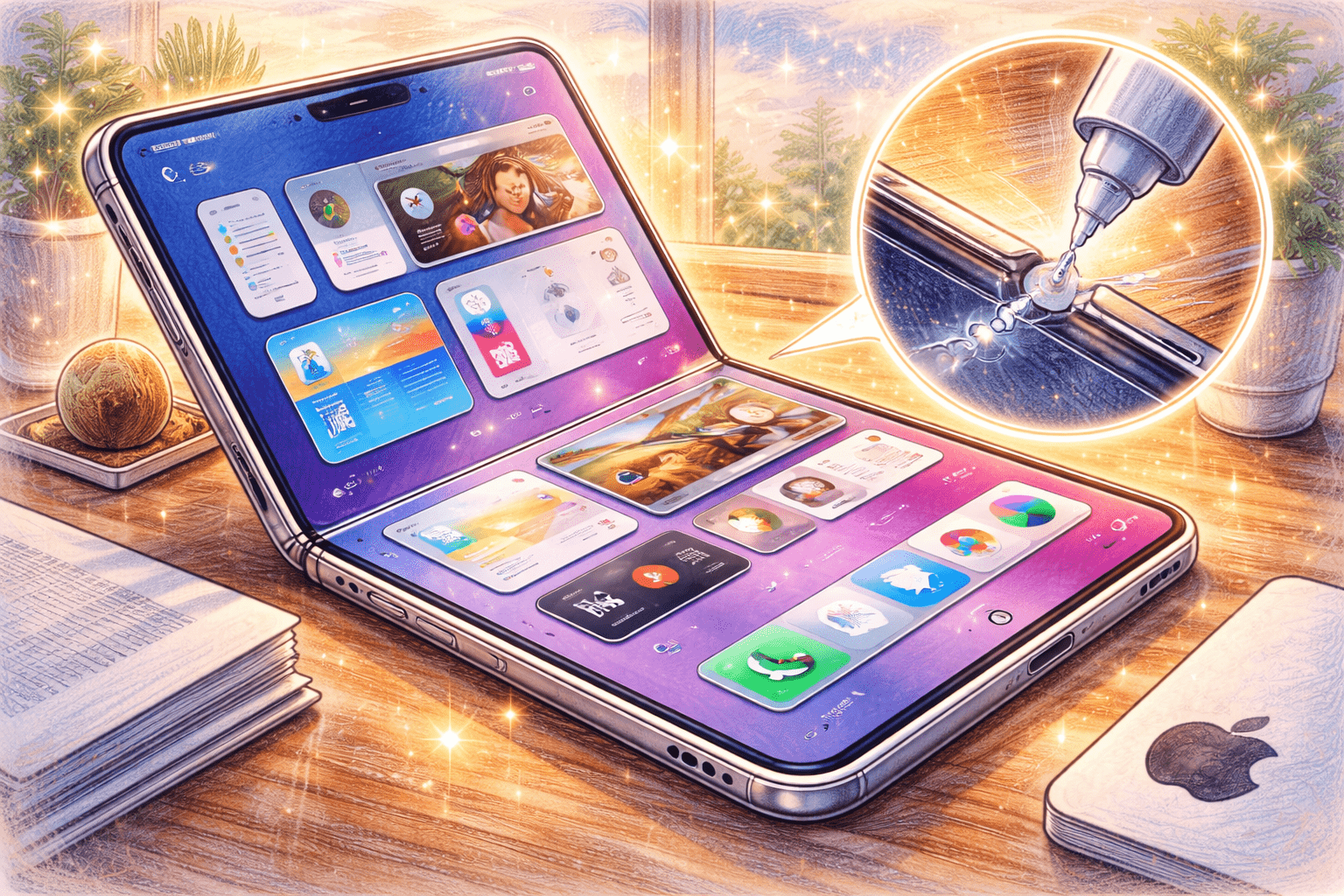 蘋果摺疊機傳靠「特製膠水」告別摺痕!傳採 iPad 式多工界面 1 TrendForce 發布了一份有趣的報告,指出蘋果可能將實現真正無摺痕可折疊顯示器的希望,寄託在特定的黏合劑上。(圖/AI生成)