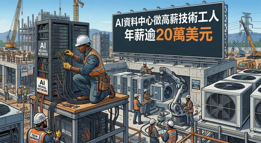 全球科技巨頭為了撐住人工智慧運算需求，正瘋狂擴建資料中心，結果意外引爆一場史無前例的人才搶奪戰。（圖／AI生成）
