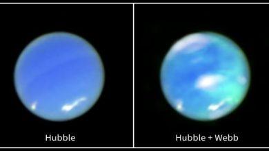 左圖為NASA哈伯太空望遠鏡拍攝的海王星增強色影像；右圖則將該影像與NASA詹姆斯·韋伯太空望遠鏡的觀測數據結合呈現。青色斑點代表極光活動，白色雲層則來自韋伯近紅外光譜儀（NIRSpec）的資料，疊加於哈伯廣域相機3號所拍攝的整體行星影像之上。（圖／NASA）