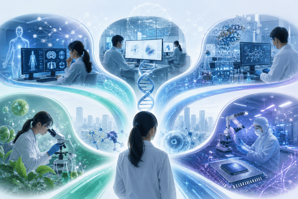 精選 4 科技業開始需要具備跨域能力的人才,AI醫療、生物資訊、藥物研發,甚至半導體材料領域,都能見到生命科學系人才。(圖/AI生成)