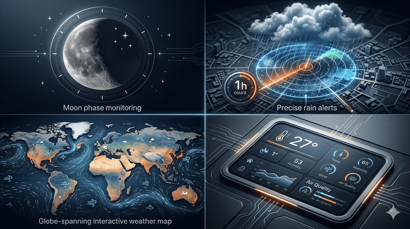有了 iPhone 的天氣應用，月相、月照強度以及月球與地球的距離等詳細資訊。它還會告訴你當天的月升月落時間以及距離下次滿月還有多少天。（圖／AI生成）