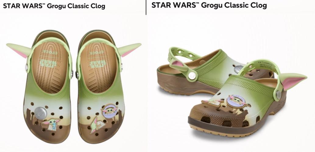 Grogu Classic Clog後跟帶兩側伸出Grogu立體PVC耳朵，還附贈四個專屬的Jibbitz裝飾配件。（圖／取自crocs官網）