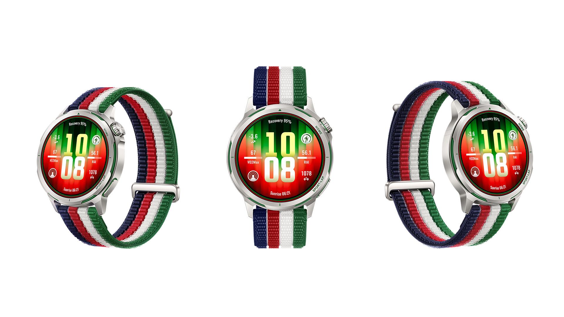 HUAWEI WATCH GT Runner 2 賽道傳奇款。四色錶帶,象徵自律、熱情、信念與堅持,鼓勵跑者努力不懈。(圖/華為提供)