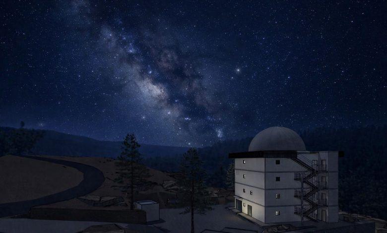 兩米望遠鏡的建築外觀與夜空假想圖。（圖／中央大學天文研究所提供）